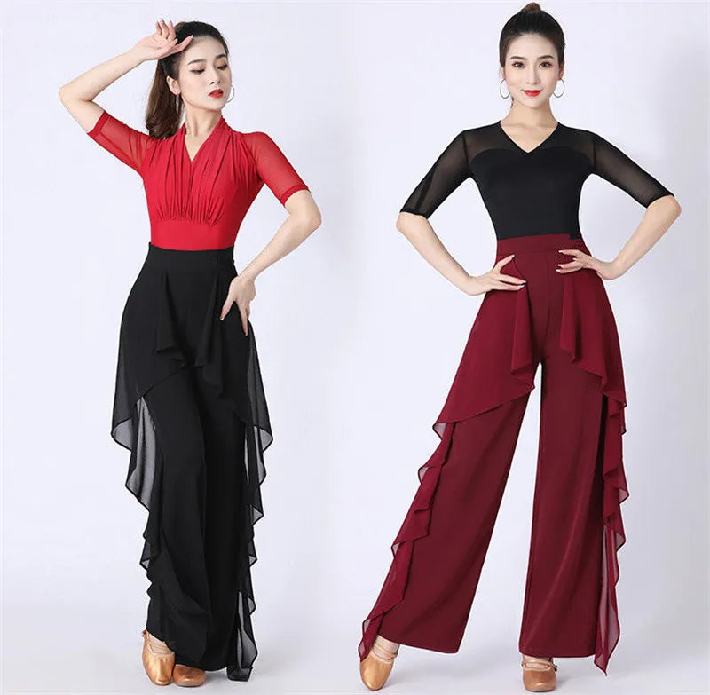 Dance Wide-Leg Pants Women's High-Waist Pants Lotus Leaf Side Loose Training Pants 2022 New Dance Female Pants