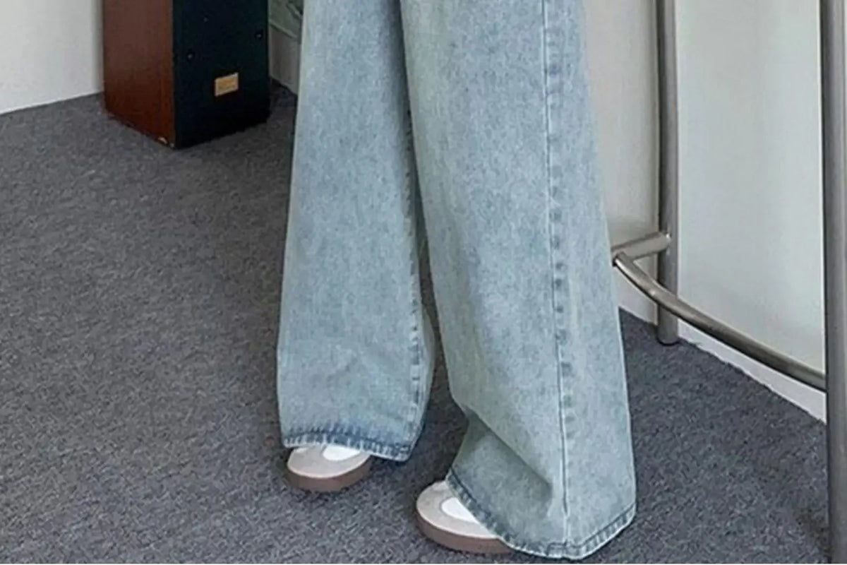 Botvotee Elastic Waist High Waist Wide Leg Jeans for Women Loose Straight Blue Long Denim Pants Female Fashion Streetwear Jeans