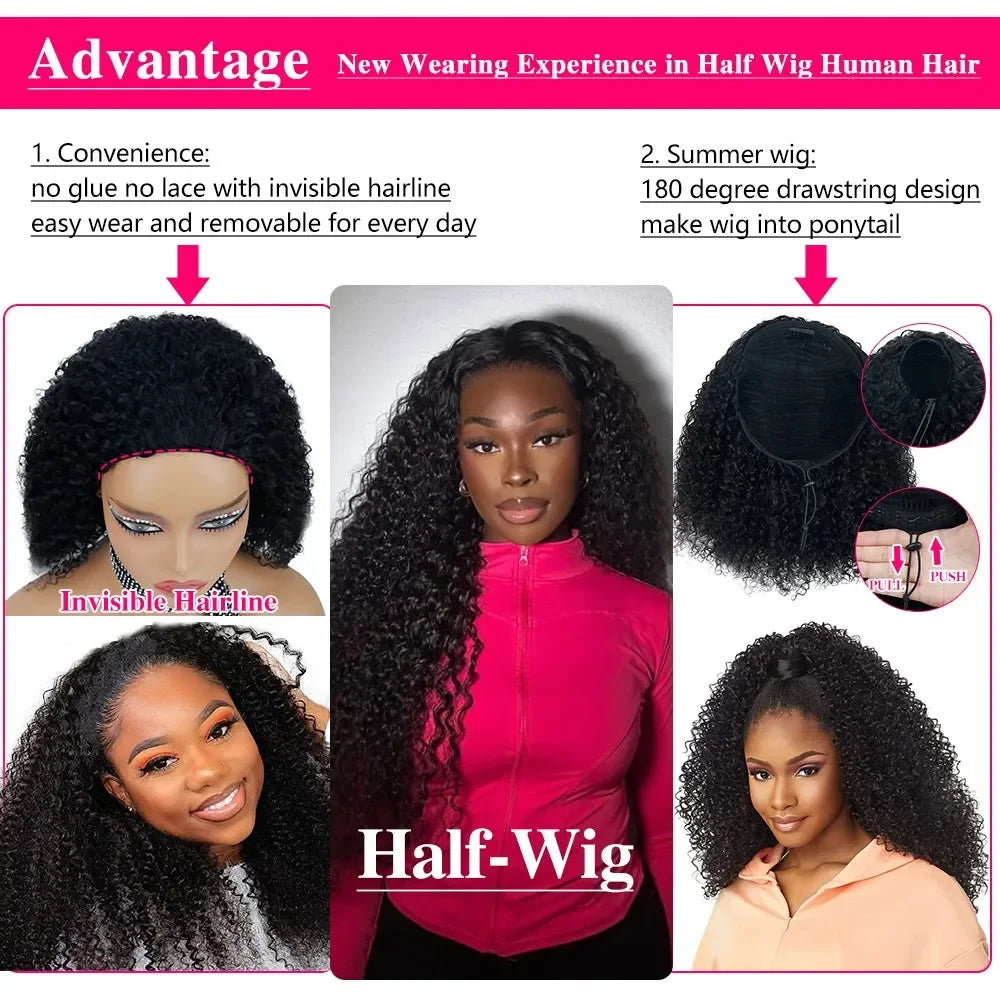 Perruque Kinky Curly Birmane | 300% Densité | 3-en-1 Demi-Perruque | Glueless | Cheveux Humains Brésiliens