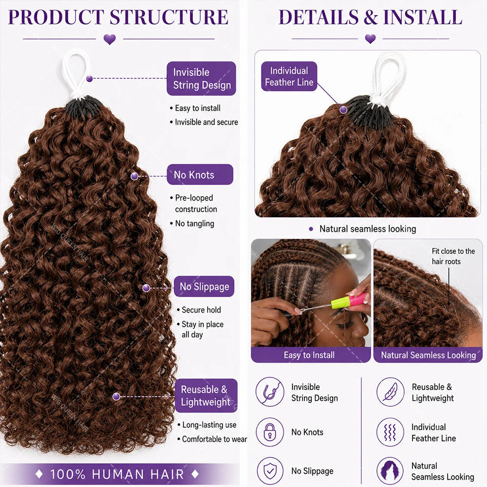 #4 Warm Brown Kinky Curly Crochet Human Hair Extensions Miracle Knots Pre Looped Easy Install Soft Natural Curly Texture