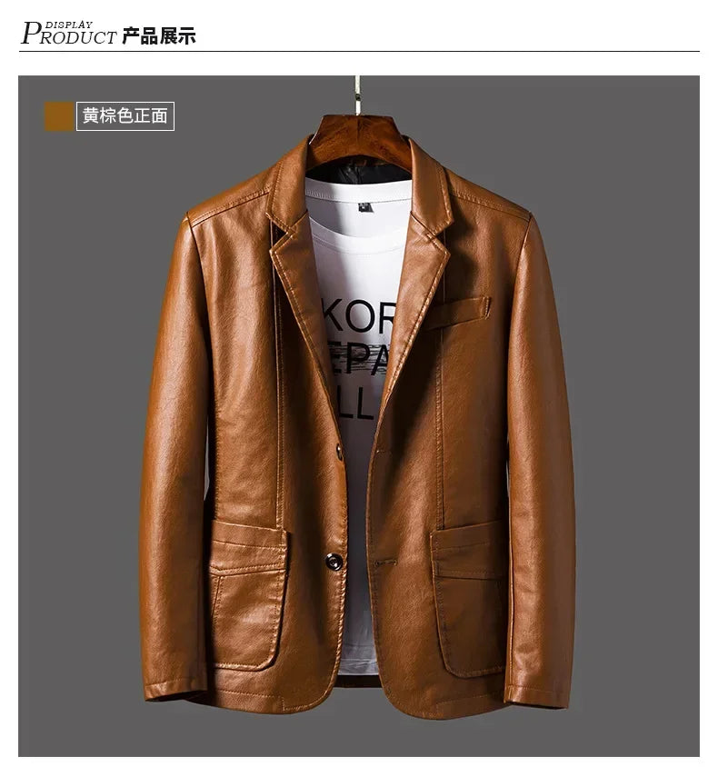 New Leather Jacket Men's Business Casual Lapel PU Leather Blazers Fashion Solid Slim Korean Style Leather Coat Big Size 6XL