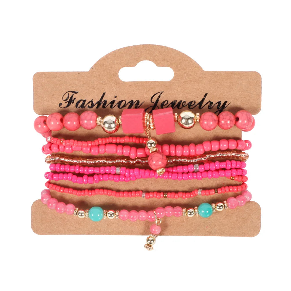 Bohemian Handmade Beaded Bracelet Set For Women Summer Colorful Beaded Chain Bangle Girls Boho Jewelry Accessories