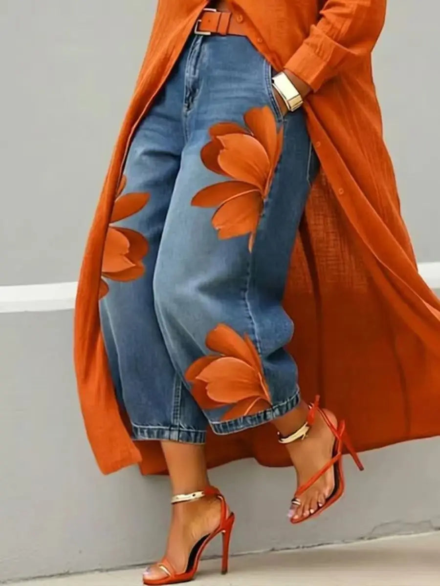 Jean Floral Imprimé Streetwear Femme | Taille Haute Ample | Jambe Large Décontracté | Grande Taille