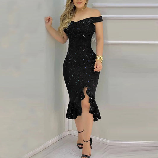 Women's Sexy Party Dresses Fashion Elegant Dress Off Shoulder Sequin Ruffle Irregular Dresses Masquerade Evening Dress Vestidos