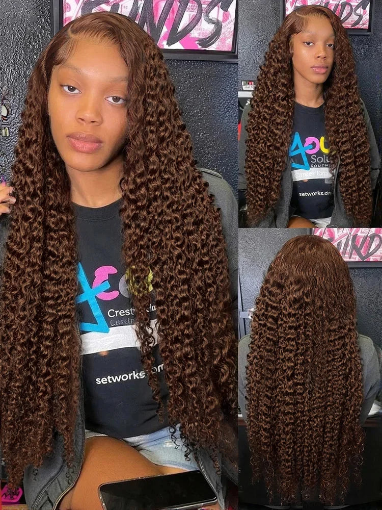 250 Density Chocolate Brown Deep Wave Human Hair Wig 30-38 Inch Transparent Lace Frontal Wigs 13x6 Lace Front Water Curly Wigs