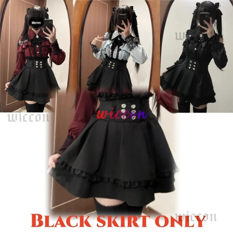 Jirai Kei Outfit Lolita Girls Shirt Skirt Set Women Kawaii Bow Long Sleeve Y2K Casual Aesthetic Shirt Japanese Style Women