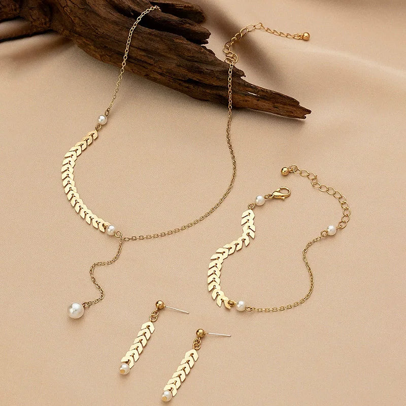 Personality Necklace/Bracelet/Earrings Jewelry Sets for Women Fashion Golden Wheat Ear Chain Charms Wedding Party Jewelry Gifts