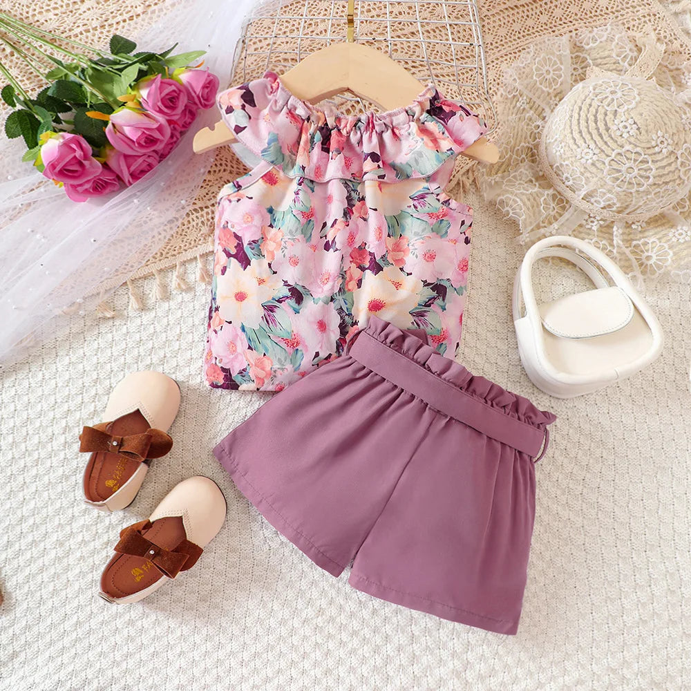 Kids Casual Summer Clothing Sets Outfits for Girls 2026 New Toddler Floral Print Ruffles Tops Short Pant Fashion Children 1-8Y