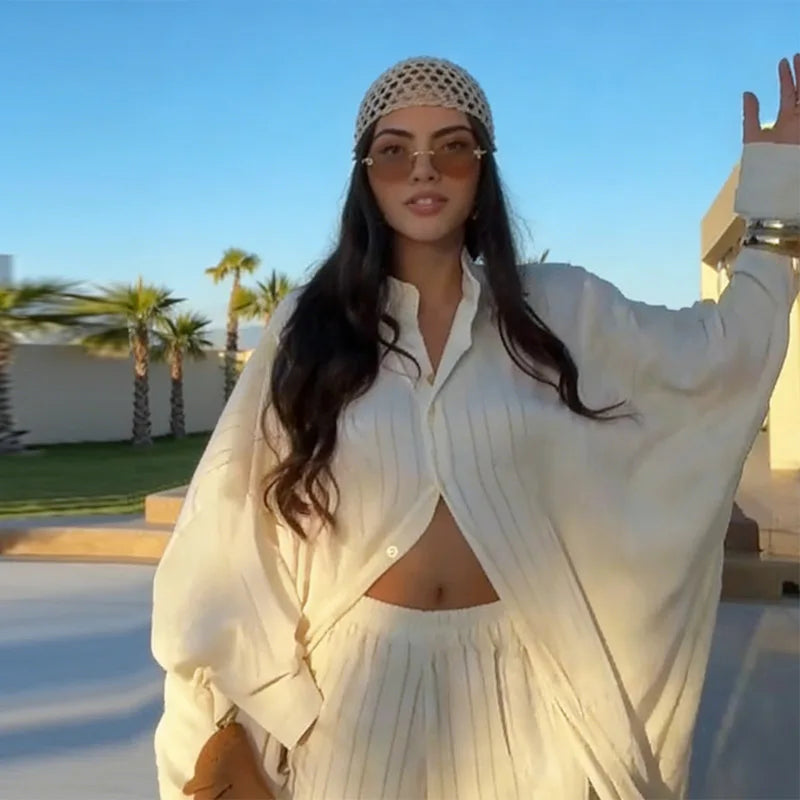 Beige Two-Piece Set Women Oversized Button-Down Shirt & High Waist Wide Leg Pants Y2K Summer Vacation Kaftan Outfit