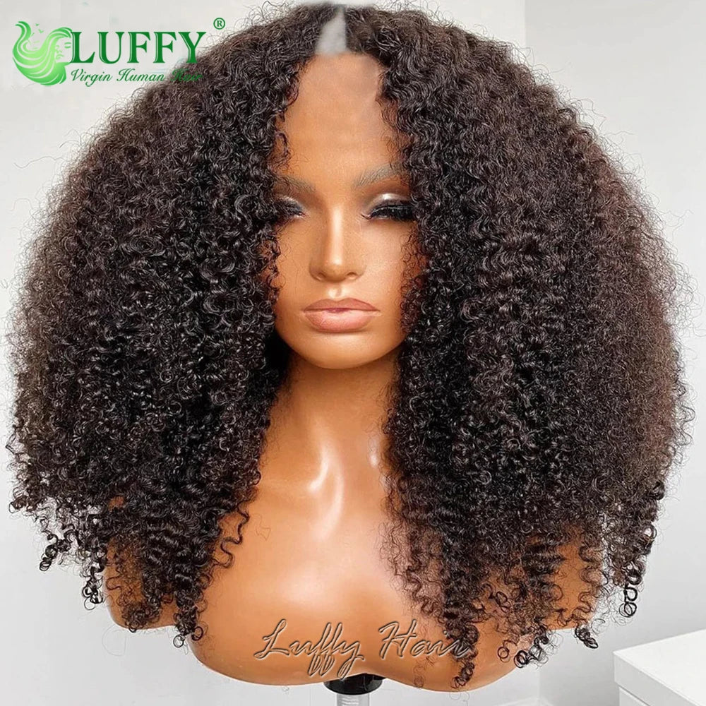 Perruque Afro Kinky Curly U/V Part | 1x4 | 200% Densité | Sans Laisse | Cheveux Humains Brésiliens | Femmes Noires