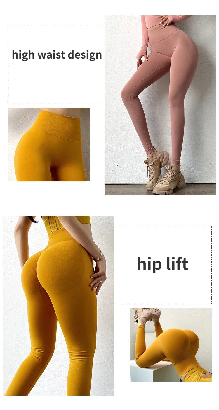 Legging Uni Sans Couture Taille Haute | Push Up | Slim Gainant | Tricot Gym & Yoga | Pantalon Sport Femme