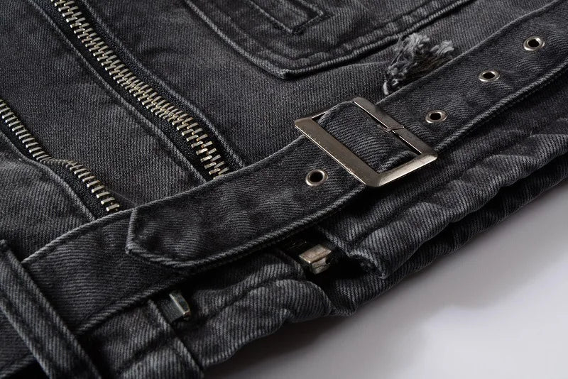 Veste Jean Homme Automne-Hiver | Style Américain Retro High Street Punk | Slim Déchiré Motard
