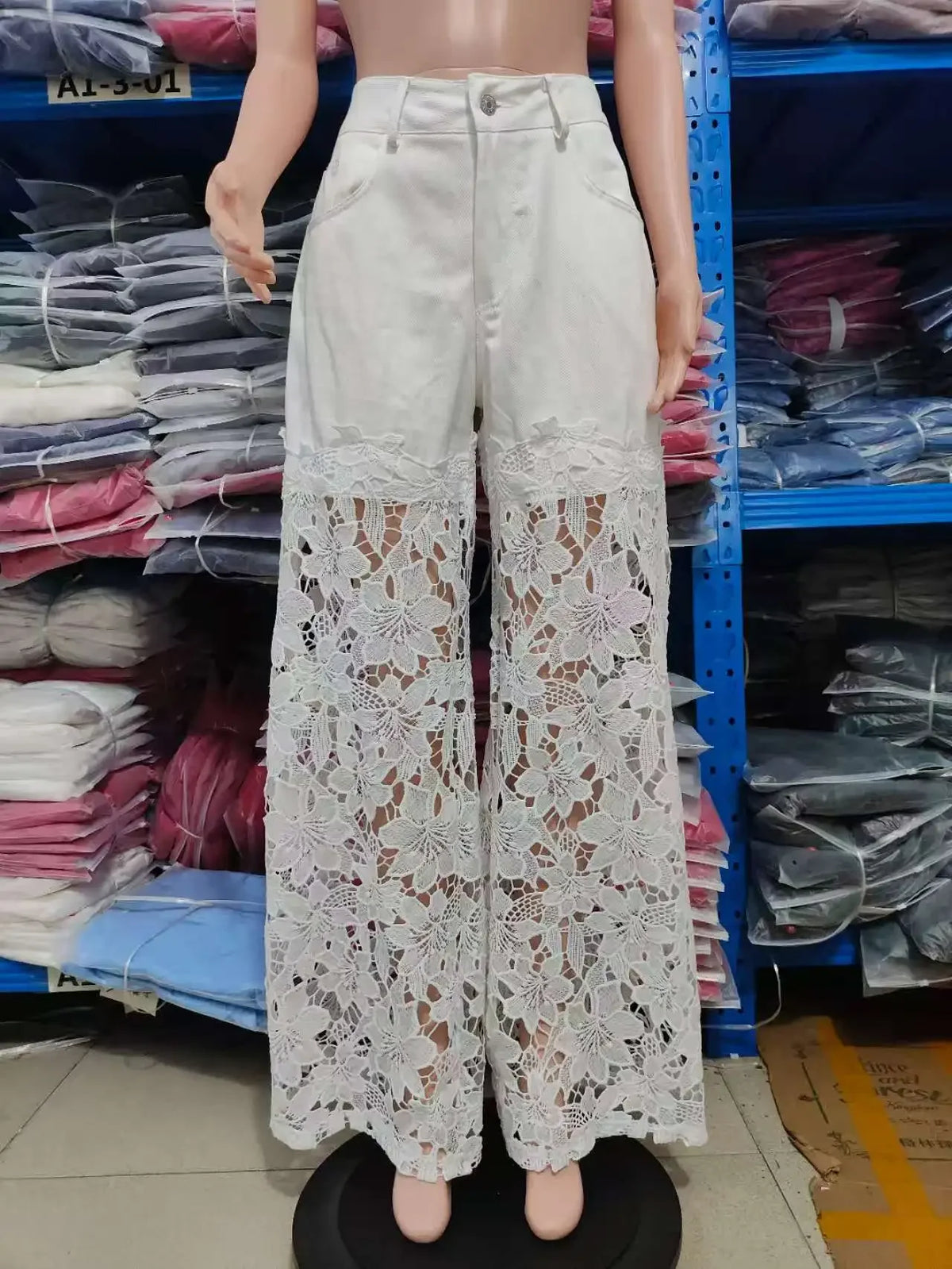 Jean Femme Taille Haute Jambe Large | Dentelle Ajournée Denim | Coton Printemps-Été | Style High Street | XS à XXXL