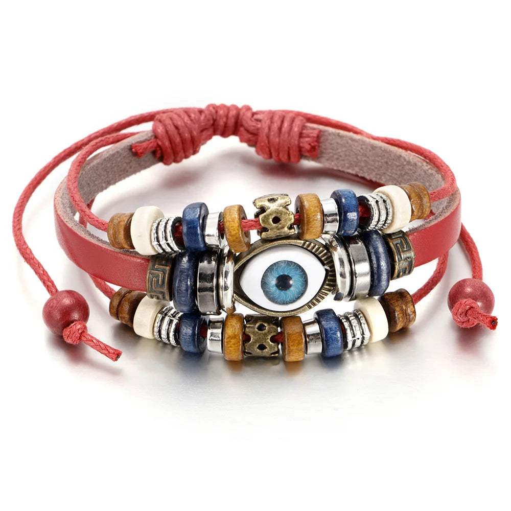 Bracelet Cuir Tressé Perles Bois | Unisexe Ethnique Tribal | Fait Main | Manchette Femme & Homme