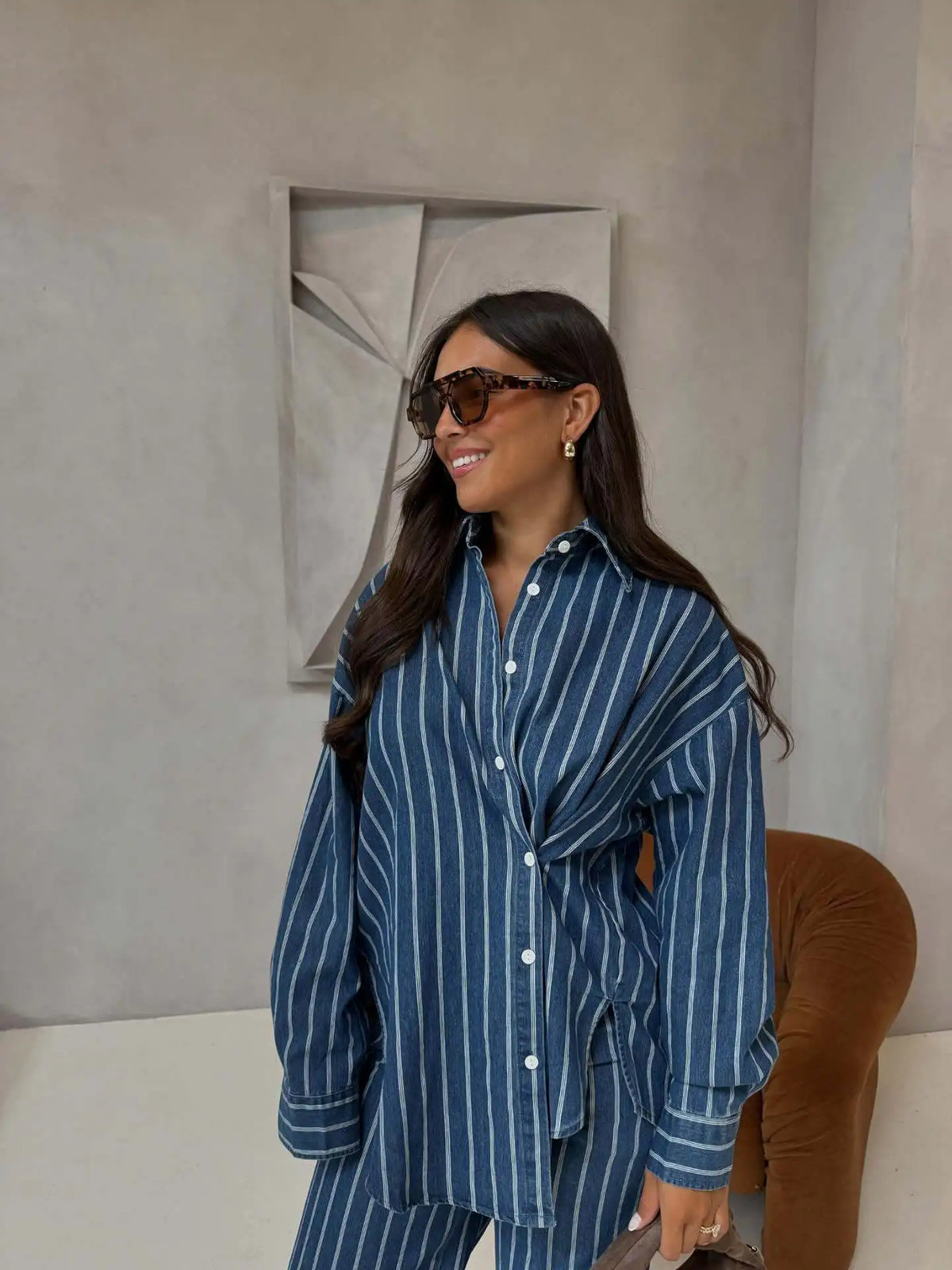 Ensemble 2 Pièces Femme Y2K | Chemise Col Rabattu Rayée & Pantalon Large Taille Haute | Streetwear