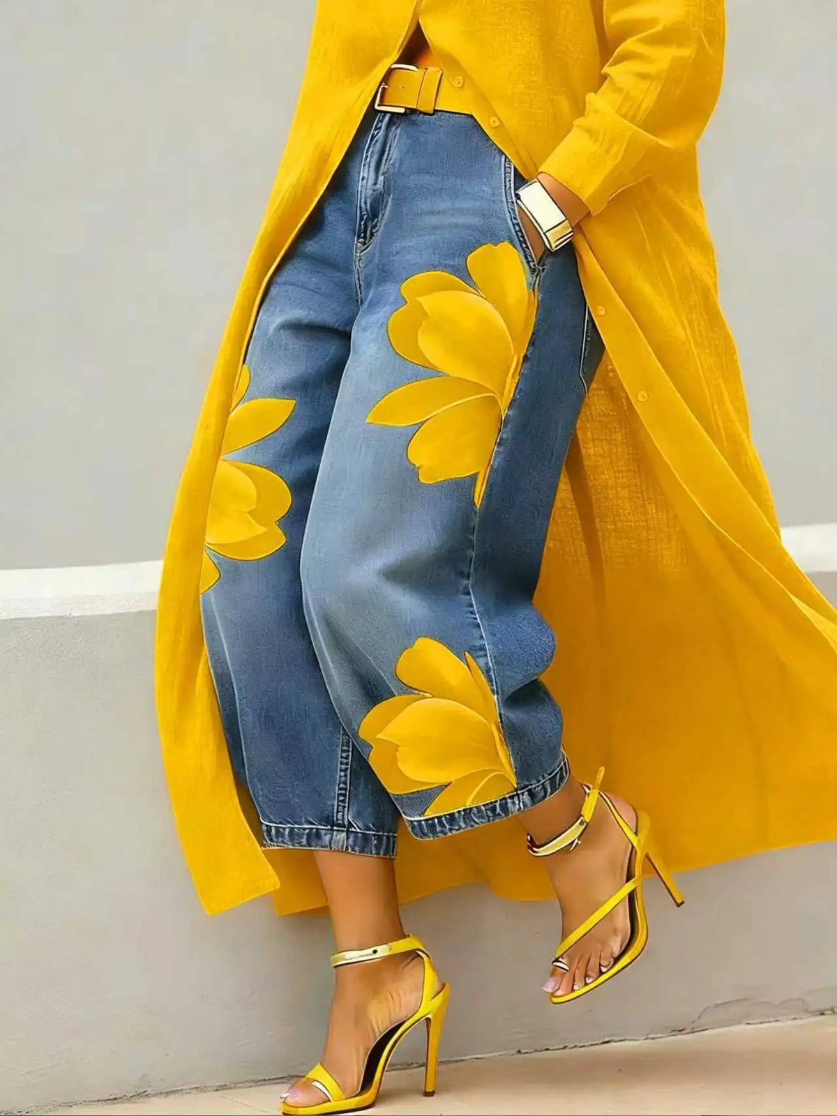 Jean Floral Imprimé Streetwear Femme | Taille Haute Ample | Jambe Large Décontracté | Grande Taille