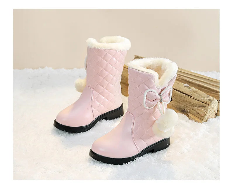 2025 Winter New Fashion Children Princess Boots Waterproof Girls Warm Boots with Bow Kids Snow Boots with Fur Plush