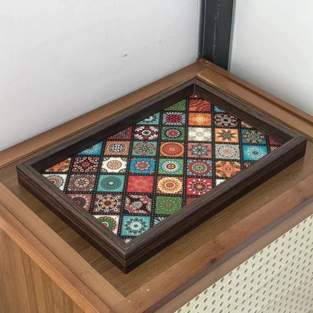 Plateau Bohème en Bois Fait Main 30x20 cm | Mosaïque Colorée | Rangement Bureau & Entrée