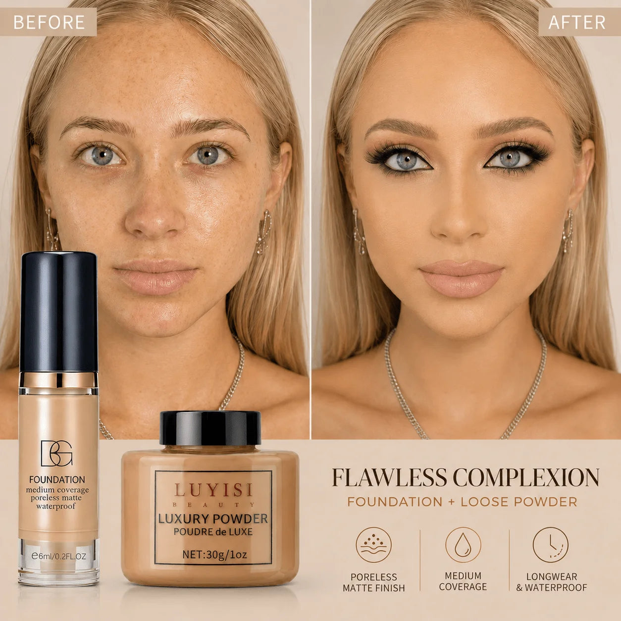 Facial Makeup Set:1pc Matte Loose Powder+1pc Waterproof Fundation,High-Coverage,Long-Lasting,Oil Control,Creat Natural Looks.