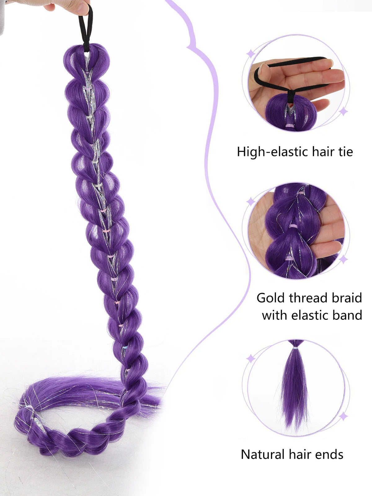 Queue de Cheval Tressée Violette | 32 Pouces | Tinsel Brillant | Extensions Super | Cosplay & Noël | Enfants & Filles