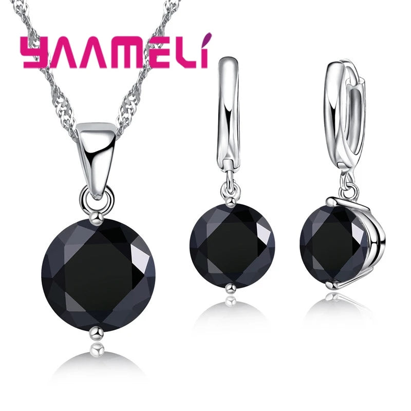 Parure Collier Pendentif & Huggies Argent 925 | CZ Autrichien Cristal | Mariage & Fiçailles | Femme Fille Cadeau