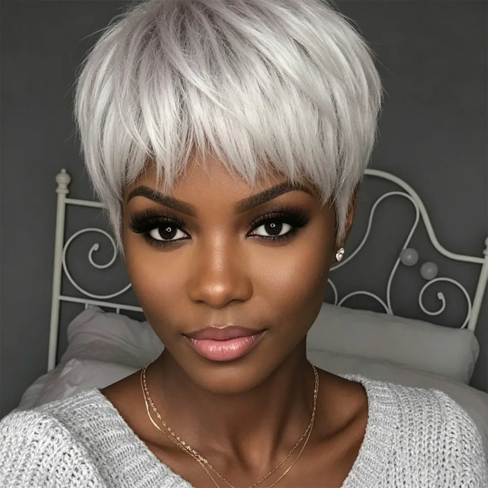 Silver Gray Textured Pixie Human Hair Wig, 100% Virgin Real Hair Short Layered Wig with Bangs Daily Wear Wig Machine Made