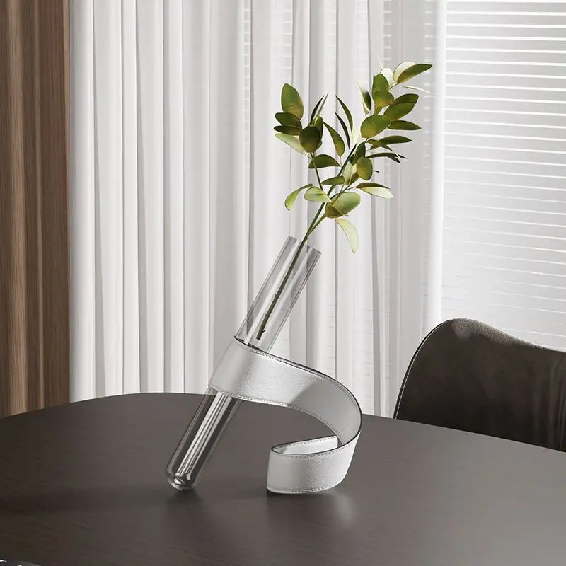 Vases Artistiques Nordiques Verre Tubulaire | Support Cuir Fait Main | Luxe & Décor Salon