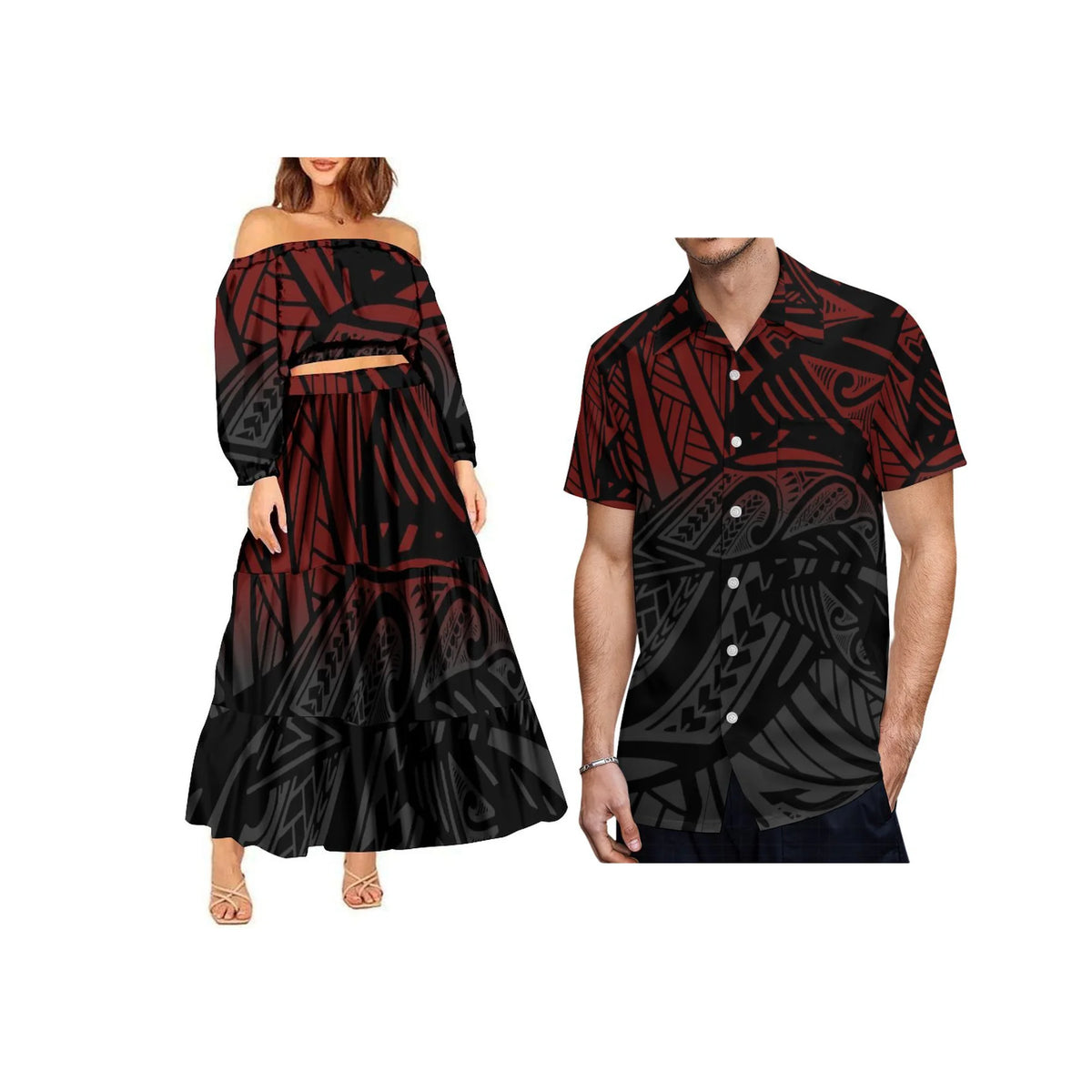 2024 Trendy 2 Piece Set Custom Polynesian Tribal One Shoulder Long Sleeve Crop Top Maxi Skirt Plus Size Women's Sets Dress