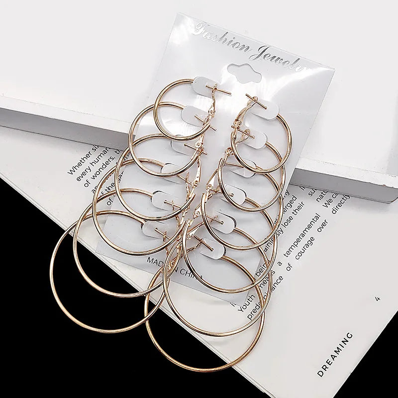 Set 12 Boucles Créoles Femme | Couleur Or | Grandes Rondes | Set Loop Élégant | Bijou Mode Tendance