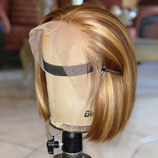Highlight Bob Human Hair Straight 13x4 HD Transparent Lace Front Wigs 4/27 Colored Short Bob Wigs 100% Human Hair For Women
