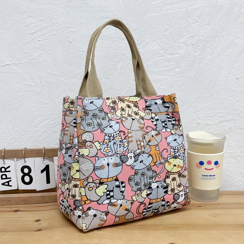 Fashionable Top-Handle Bag with Cute Cat Pattern, Portable Mommy Bag for Women