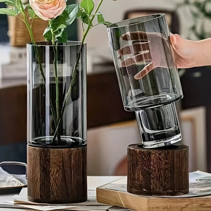 Vase Verre Élégant Base Bois | Plante Hydroponique | Arrangement Floral | Décor Bureau & Maison