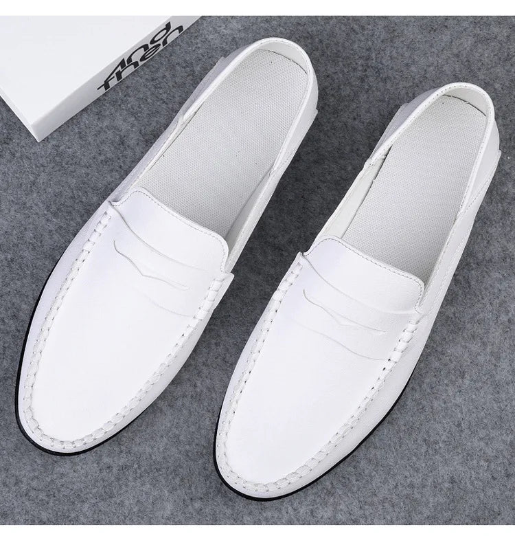 Mocassins Homme Mariage | Cuir Fendu Blanc | Chaussures Conduite Légères | Slip-On Casual Élégant 2026