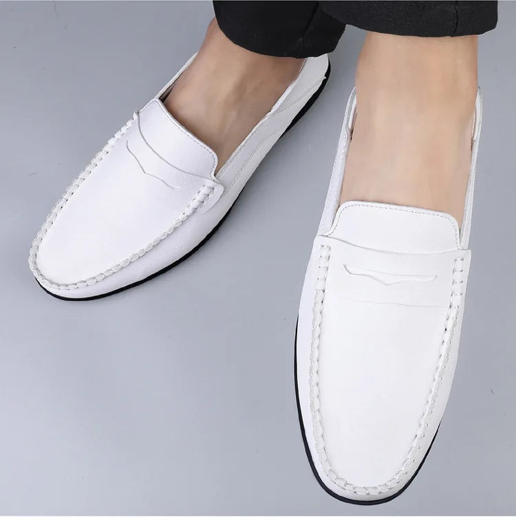 Mocassins Homme Mariage | Cuir Fendu Blanc | Chaussures Conduite Légères | Slip-On Casual Élégant 2026