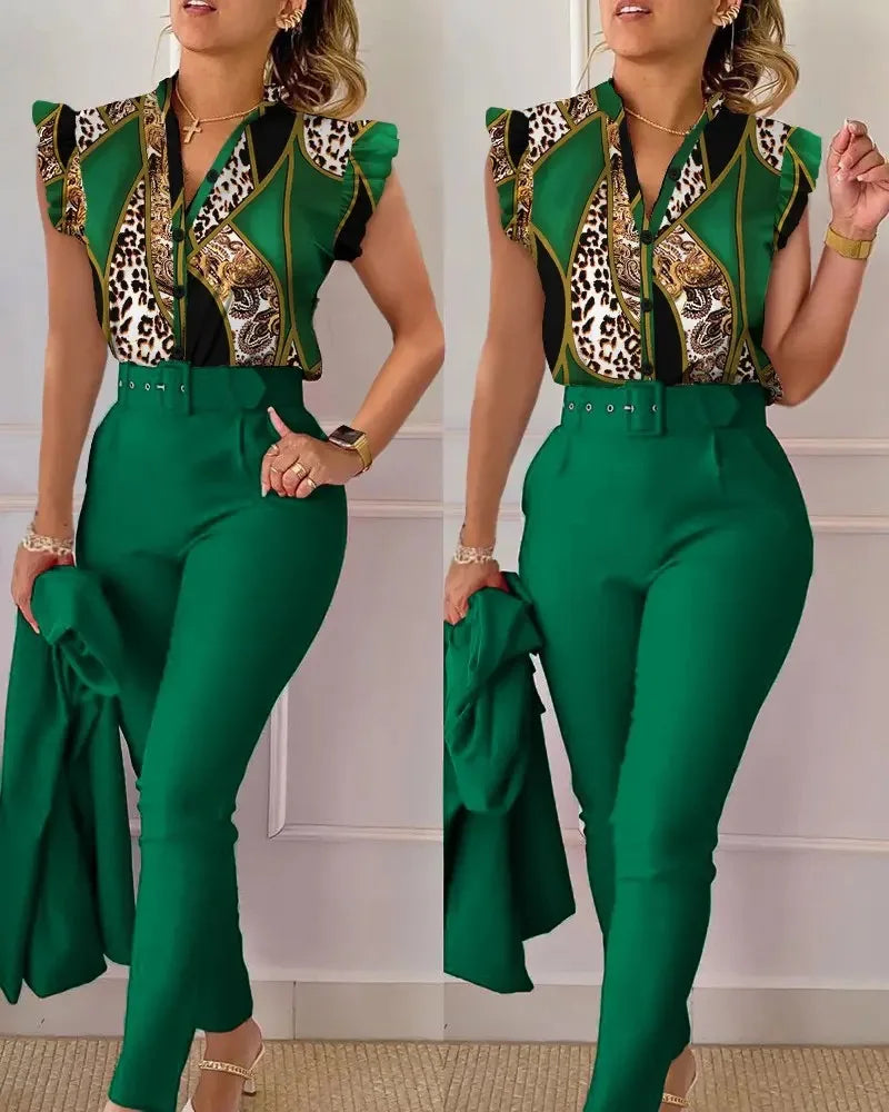 Women's Elegant Slim Two-Piece Sets Summer Fashion Print V Neck Button Flying Sleeve Shirt Top & Solid Long Pants Suits With Belt
