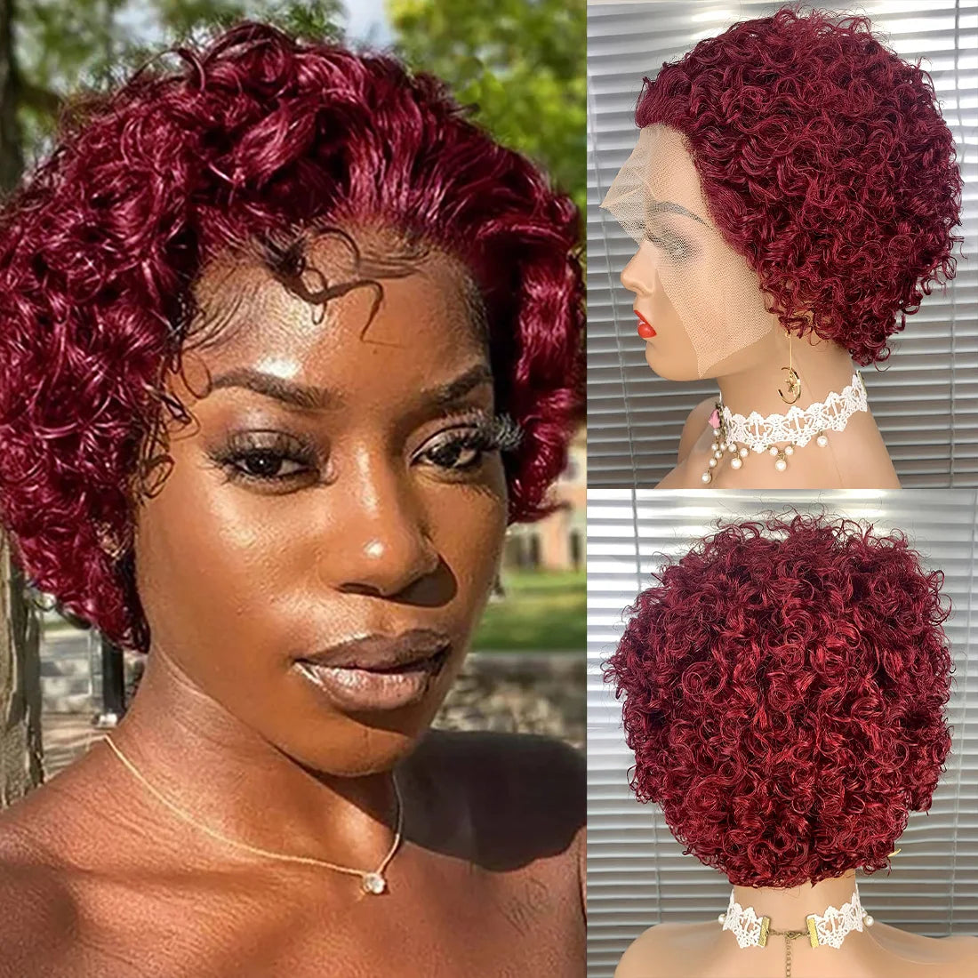 Perruque Courte Curly Pixie | Lace Front 13x1 | Cheveux Humains | Femmes Noires