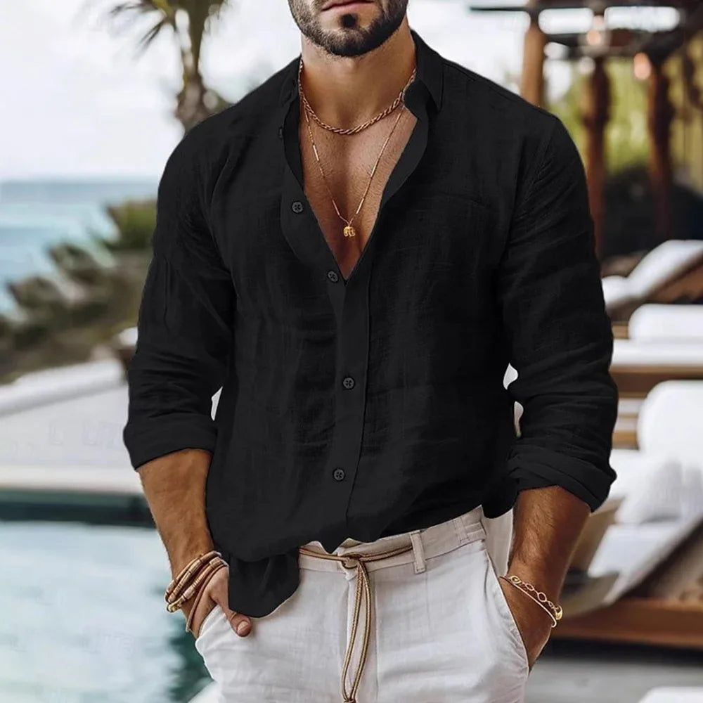 Chemise en coton et lin pour homme, style plage d'été, couleur unie, simple boutonnage, chemises respirantes, hauts boutonnés légers et élégants