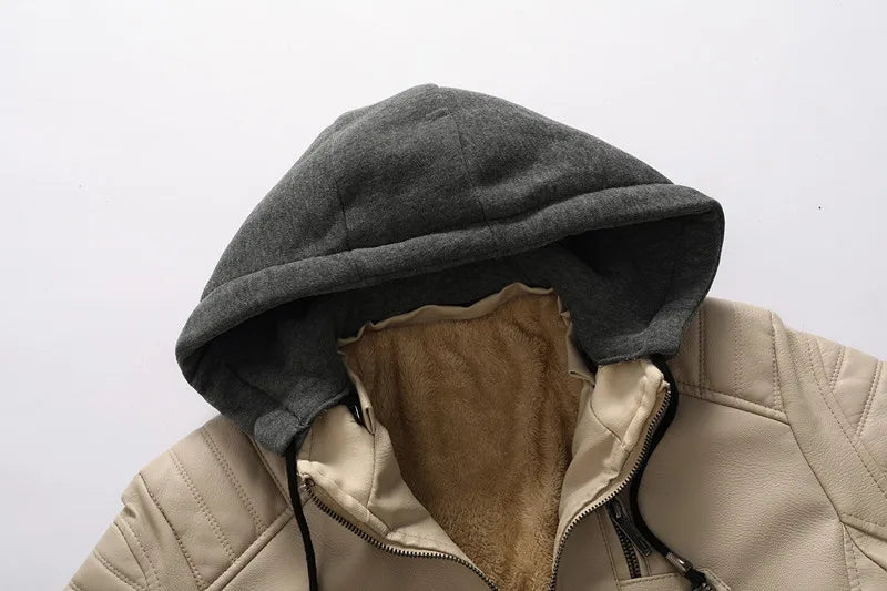 Men Hooded Leather Jackets Slim Fit Motorcycle PU Leather Coats High Quality Men Fleece Warm Leather CoatsSize 5XL