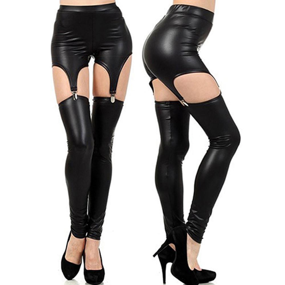 Legging Faux Cuir Bretelles Femme | Style Punk | Boucles Ceinture | Bas Sur-Genou Streetwear Sexy