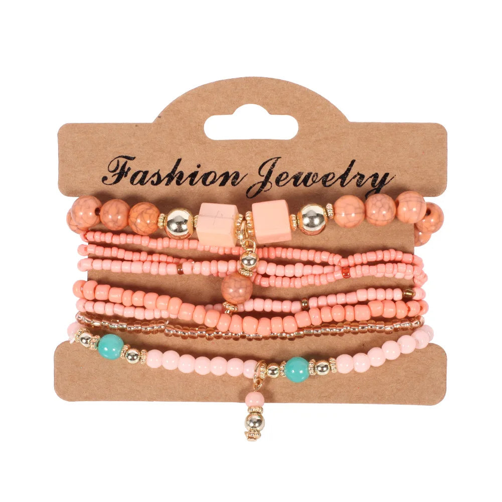 Bohemian Handmade Beaded Bracelet Set For Women Summer Colorful Beaded Chain Bangle Girls Boho Jewelry Accessories