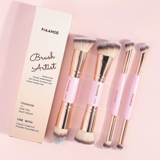 Set 4 Pinceaux Maquillage Double Embout | Fond de Teint Poudre Blush Fard à Paupières | Boîte | Débutante & Voyage | MAANGE