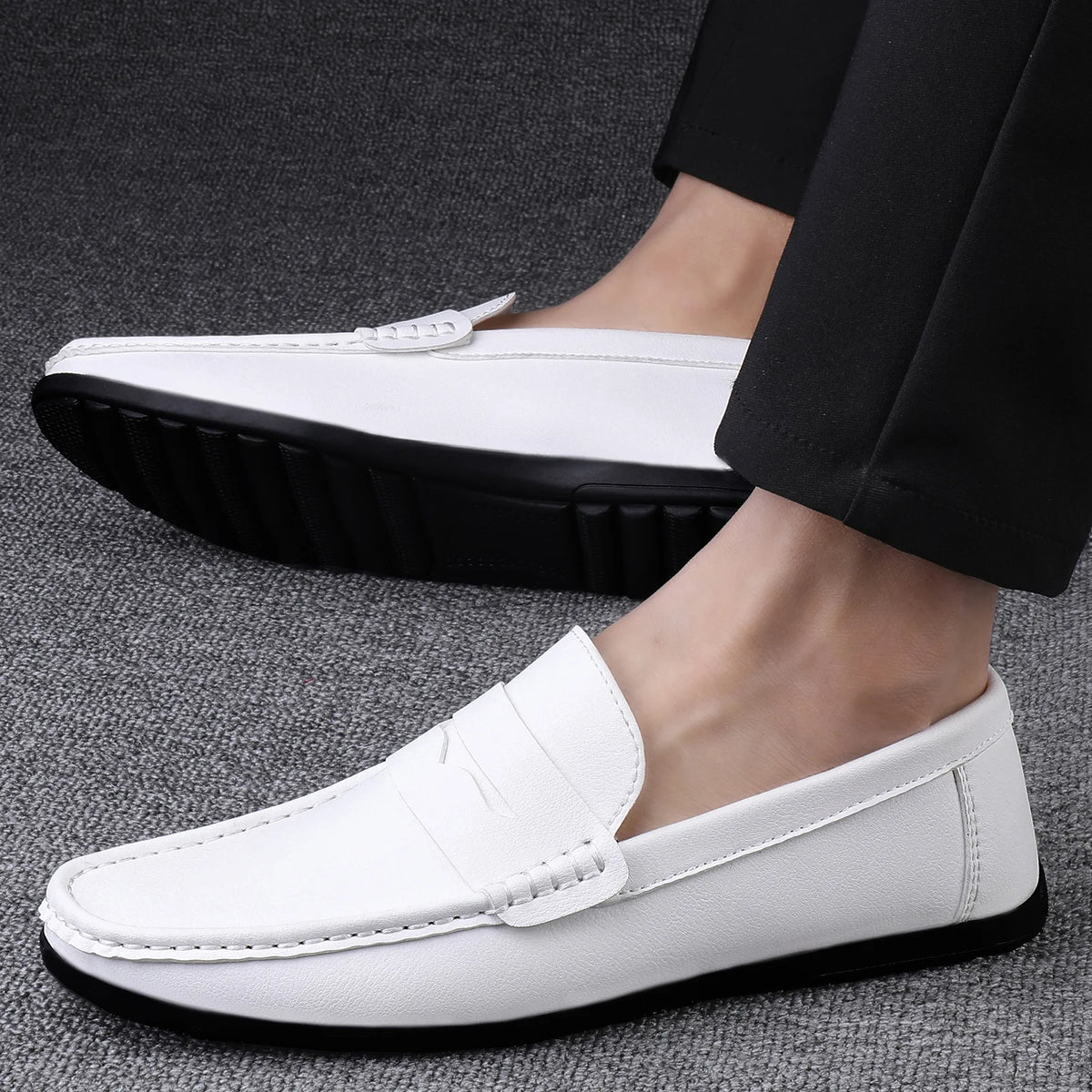 Mocassins Homme Mariage | Cuir Fendu Blanc | Chaussures Conduite Légères | Slip-On Casual Élégant 2026