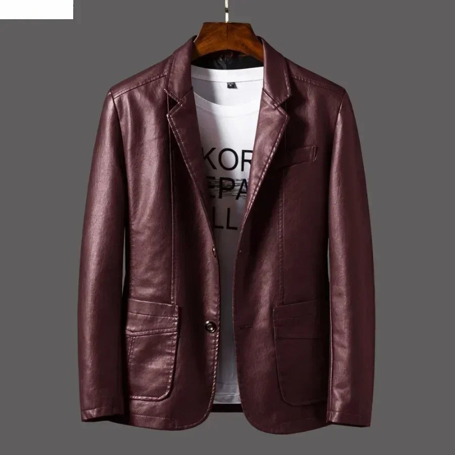 New Leather Jacket Men's Business Casual Lapel PU Leather Blazers Fashion Solid Slim Korean Style Leather Coat Big Size 6XL