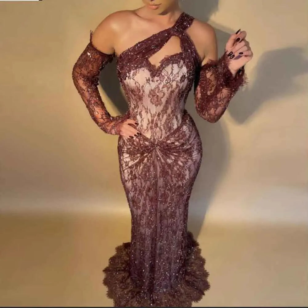 Customized Draped Soft Evening Dresses One Shoulder Lace Special Occasion Dress with Detachable Sleeve Burgundy Long Gown