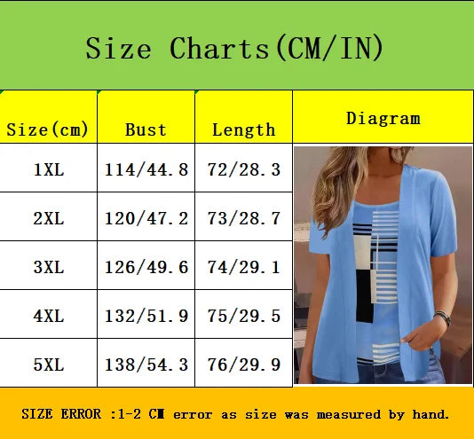 Elegant Geometric Print Mock Two-Piece T-Shirt | Plus Size Women's Summer Casual Top | Fashion Patchwork Design