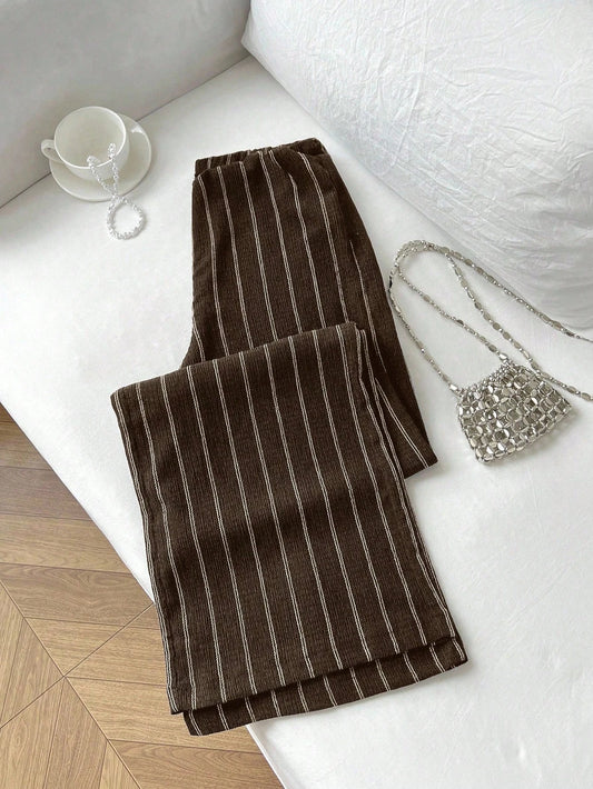 Pantalon Large Rayé Taille Haute Femme | Anti-Froissable | Rayures Verticales Élégantes | Bureau Casual