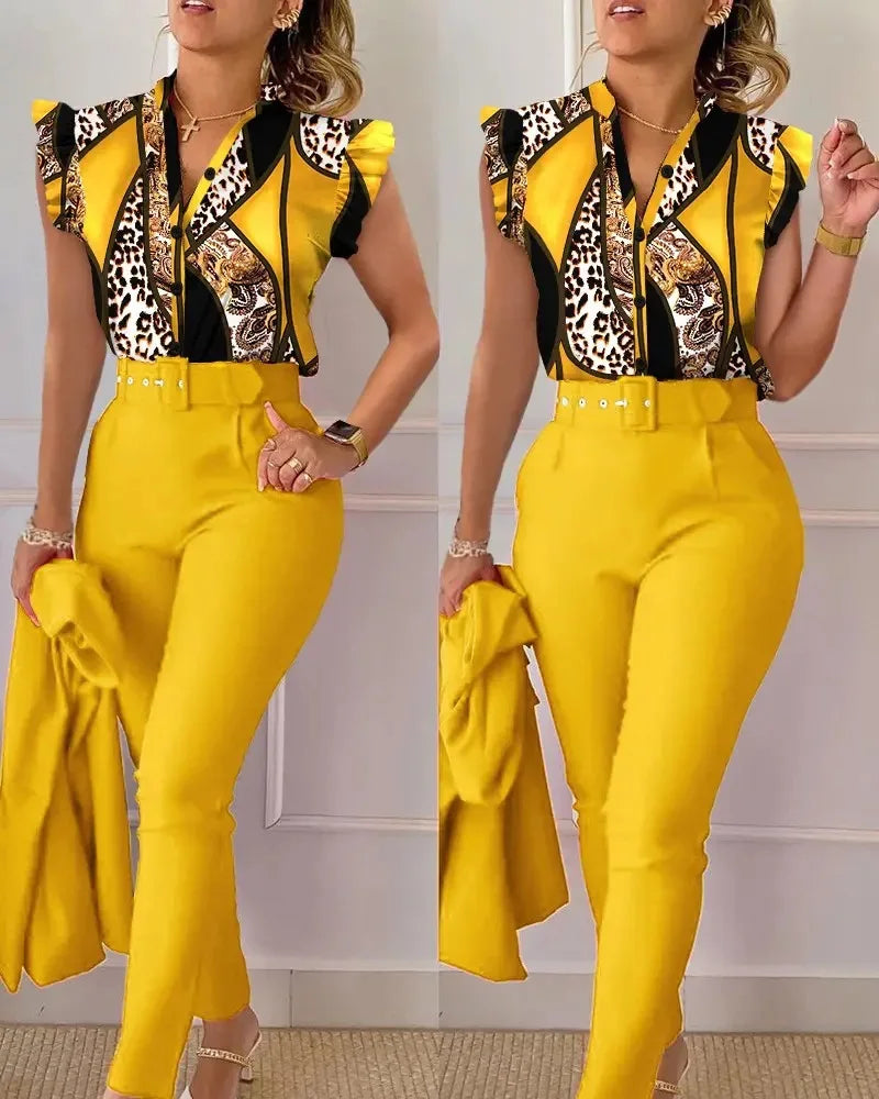 Women's Elegant Slim Two-Piece Sets Summer Fashion Print V Neck Button Flying Sleeve Shirt Top & Solid Long Pants Suits With Belt