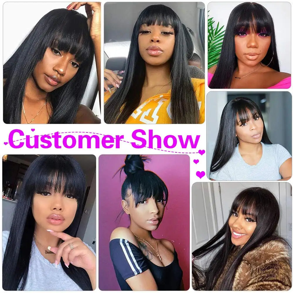 Perruque Lisse Avec Frange | 100% Cheveux Humains Brésiliens | Longue | Noire | Machine Made