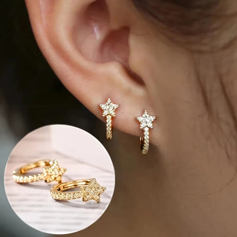 Huitan Fashion Star Hoop Earrings with Dazzling CZ Simple Stylish Ear Accessories for Women Silver Color Exquisite Jewelry