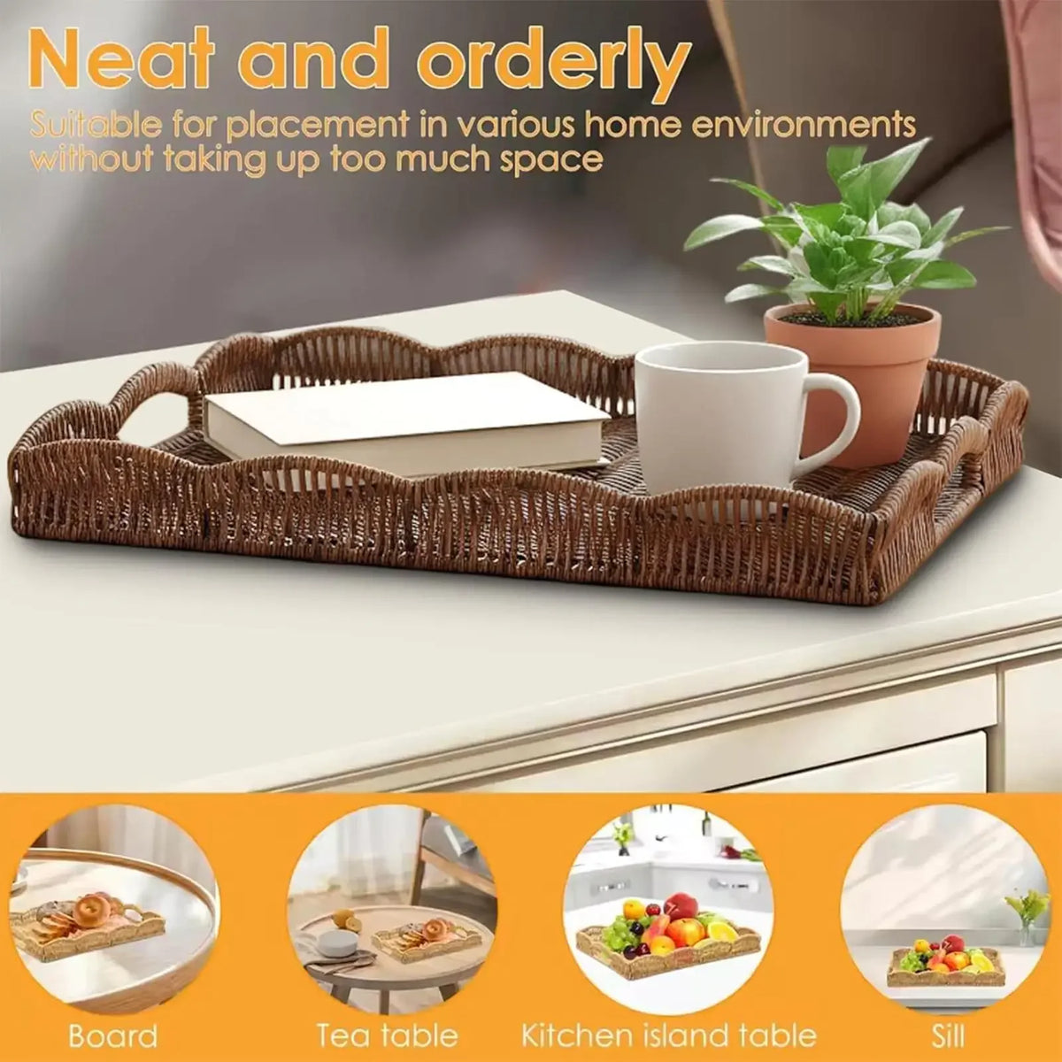 Woven Tray Imitation Rattan Sofa Decor Decorative Tray Basket For Remote Control Book Breakfast Living Room Bedroom Coffee Table